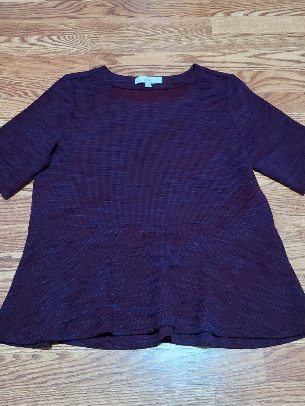Loft Knit Short Sleeve Marled Peplum Top Women Size Large Plum Flare Blouse